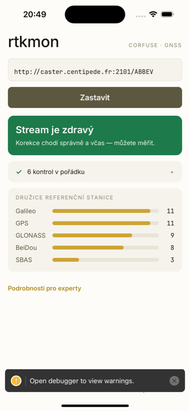 Validátor — zdravý stream s verdiktem a družicemi referenční stanice