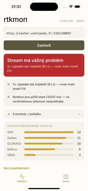 Diagnóza degradovaného streamu — výpadky dat a stará korekční data